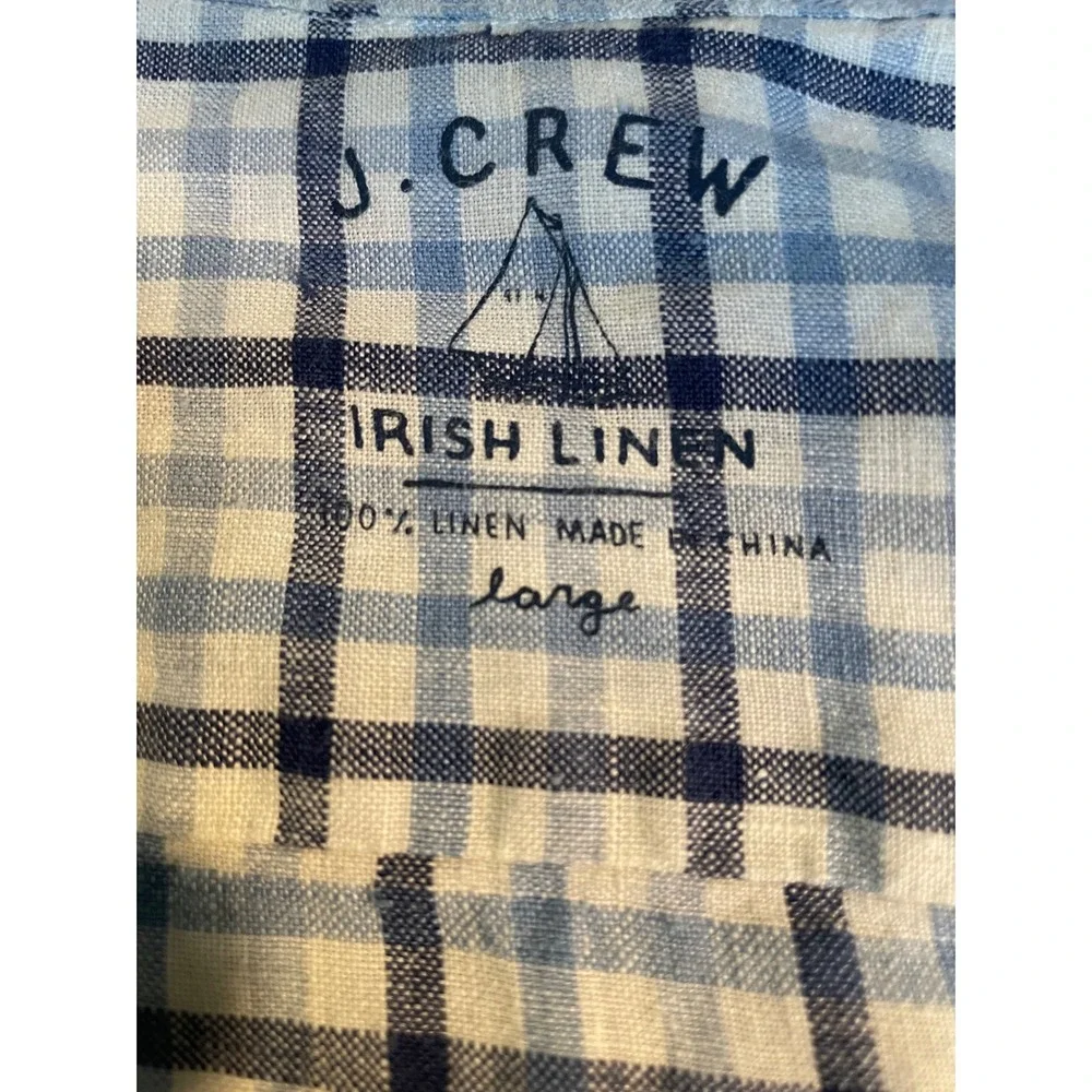 J Crew Button Down Shirt Irish Linen Large Blue‎ White Plaid Long Sleeve